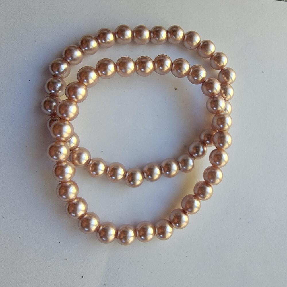 Champagne Gold Faux Pearl Beaded Stretch Bracelet Plastic Costume Jewelry Gift